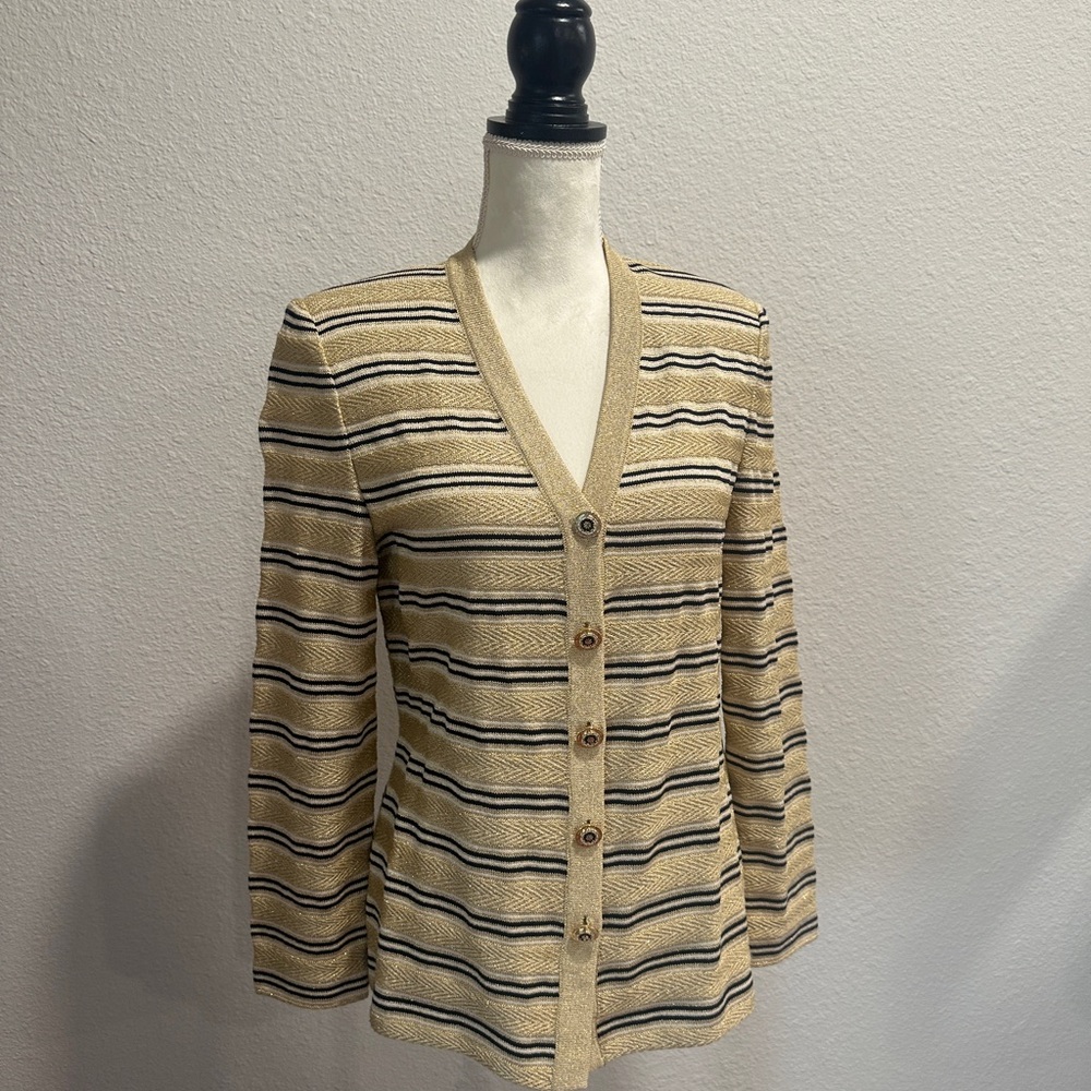 St. John Collection V-Neck Striped Button Cardigan in Beige, Black & Cream